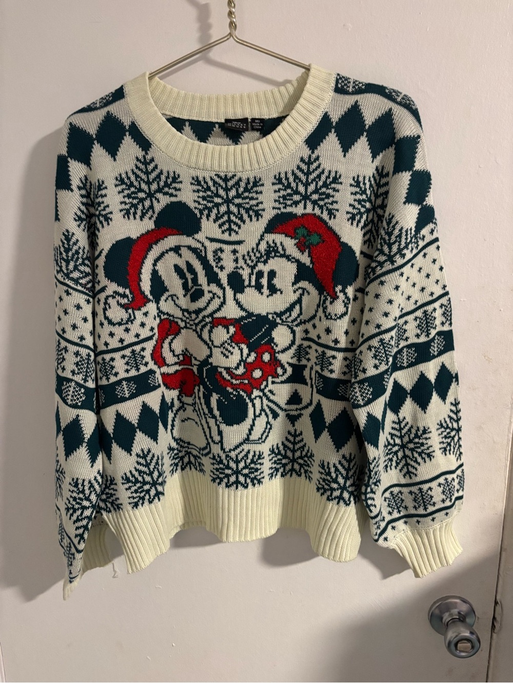 Disney Cream, Dark Green & Red Mickey & Minnie Holiday Knit Sweater